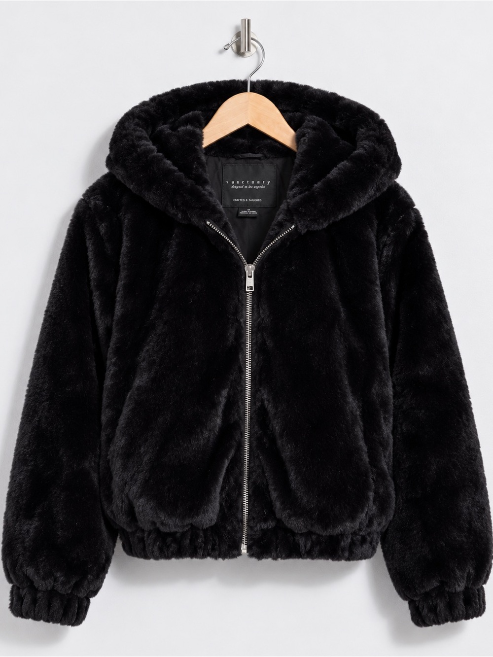 Sanctuary Black Faux Mink Hooded Jacket M Cozy Faux Fur Puffer Autumn Y2K